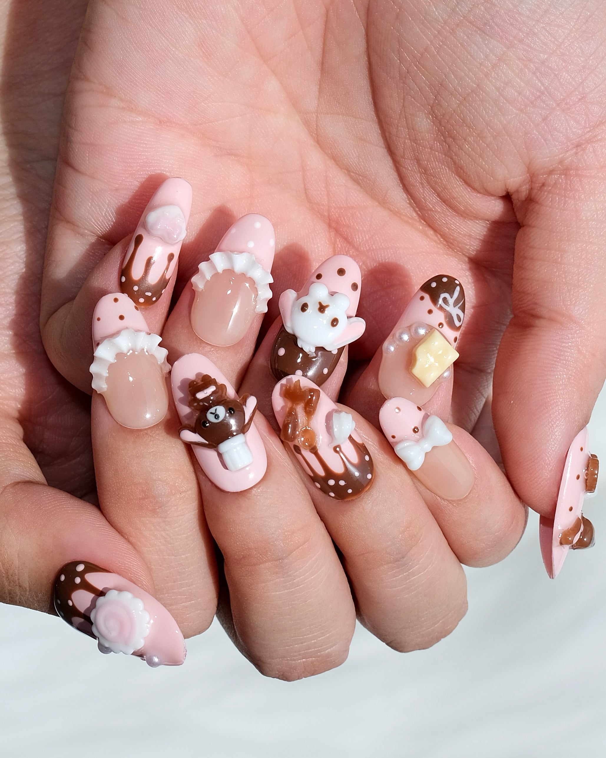 Little Chef Kawaii Press-On Nails – Pink Chocolate Teddy 3D Nail